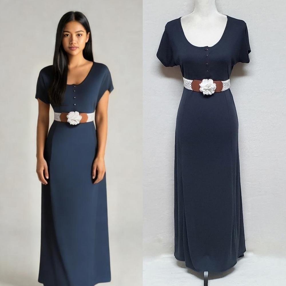 90s Sostanza Navy Blue Loose Fit White Floral Braided Belt Maxi Dress M